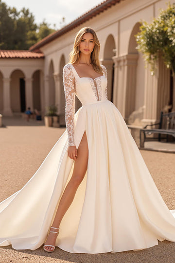 Court Train Satin A Line Square Neck Ivory Wedding Dress with Lace Appliques
